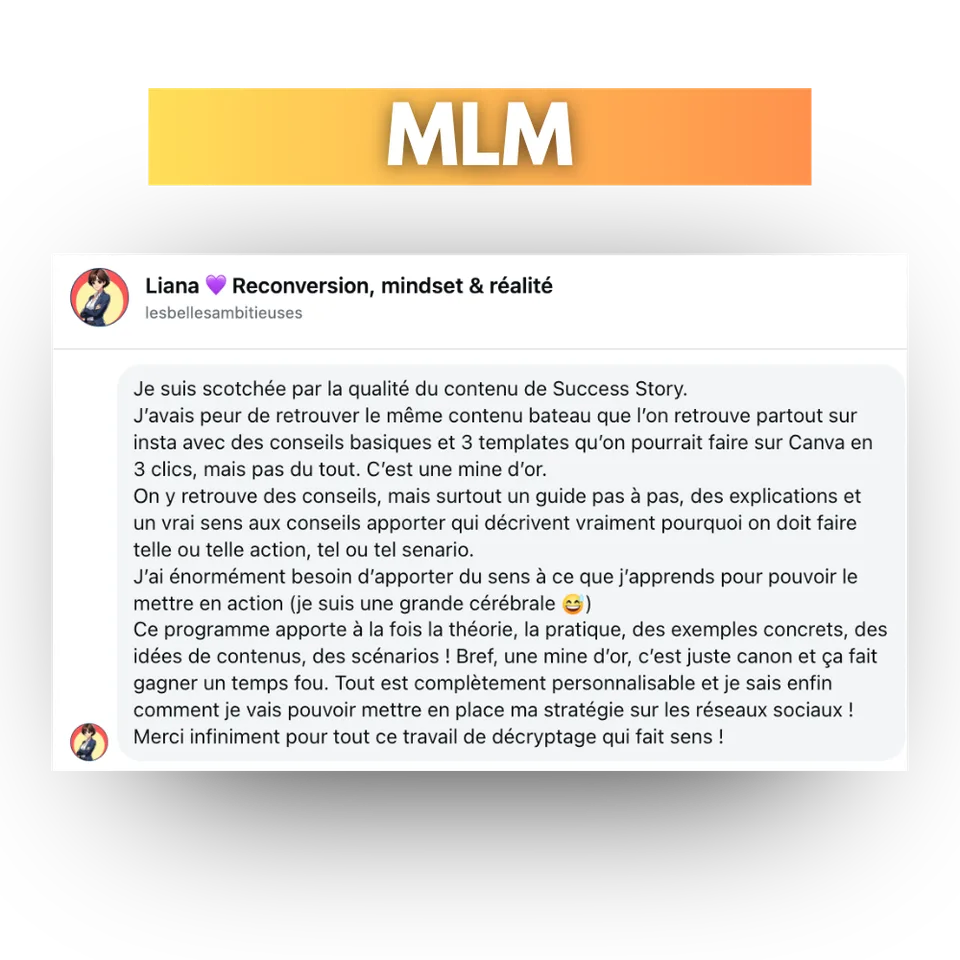 Avis d'une cliente de Success Story, en capture d'écran