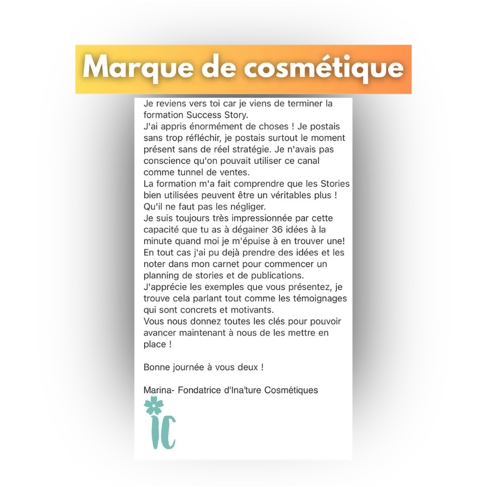 Avis d'une cliente de Success Story, en capture d'écran