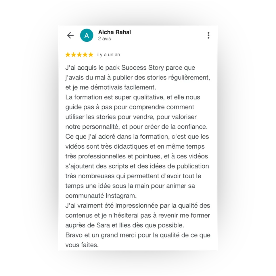 Avis d'une cliente de Success Story, en capture d'écran