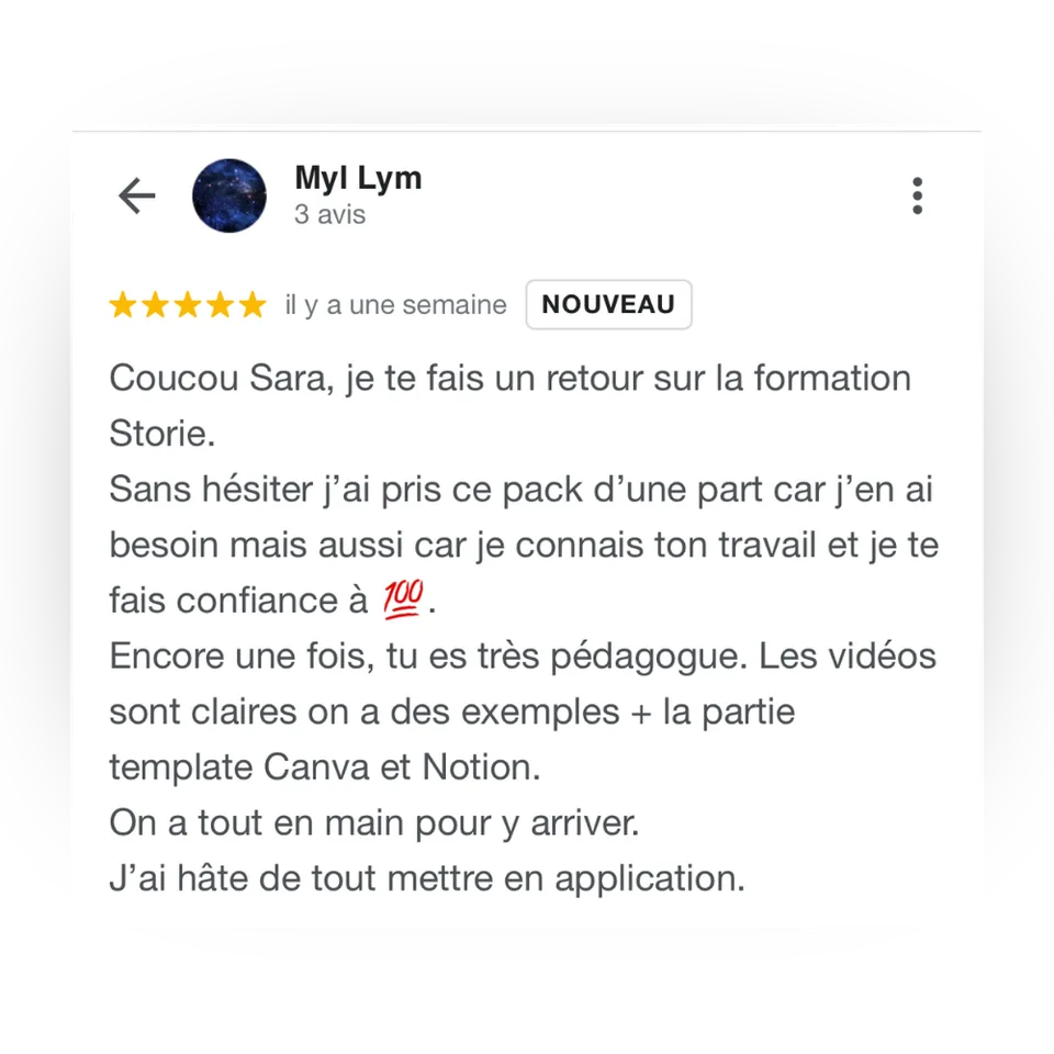 Avis d'une cliente de Success Story, en capture d'écran