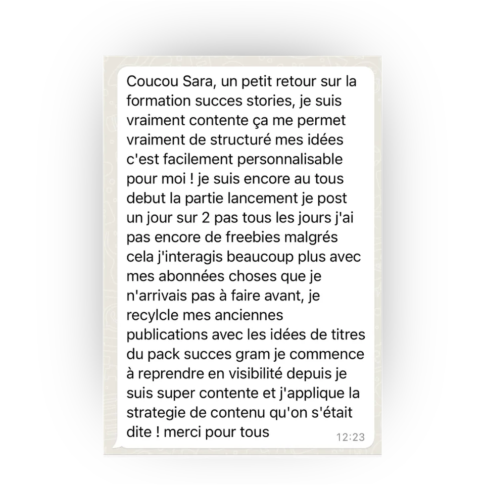 Avis d'une cliente de Success Story, en capture d'écran
